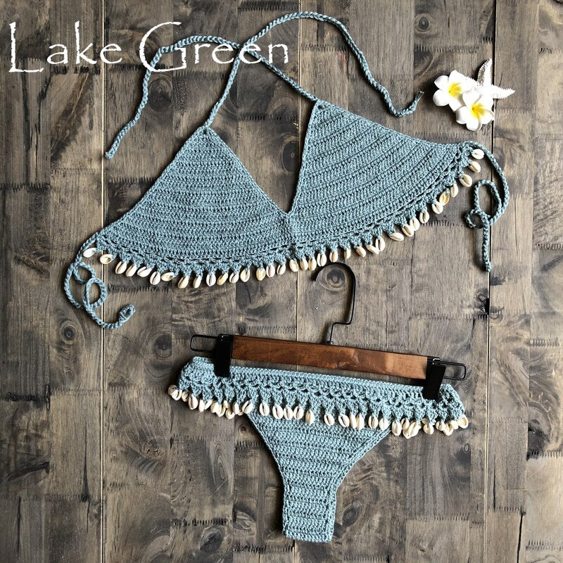 Crochet Bikini Set Shell Tassels Bikini Brazilian Crochet Swimsuit Women Halter Swimwear Strappy Bikinis Free Shipping  2019 New