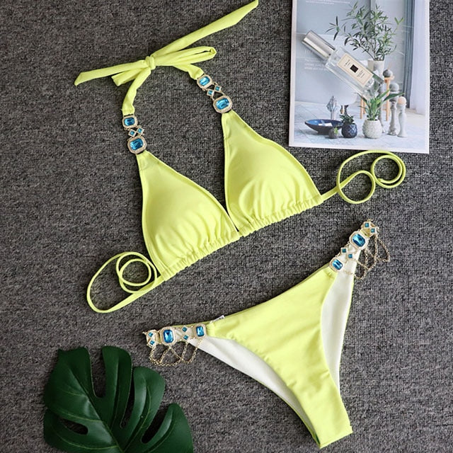 Sexy Crystal Diamond Bikini 2023 Bandeau Swimsuit Women Rhinestone Swimwear Female Two piece Bikini set Halter Bathing Suit