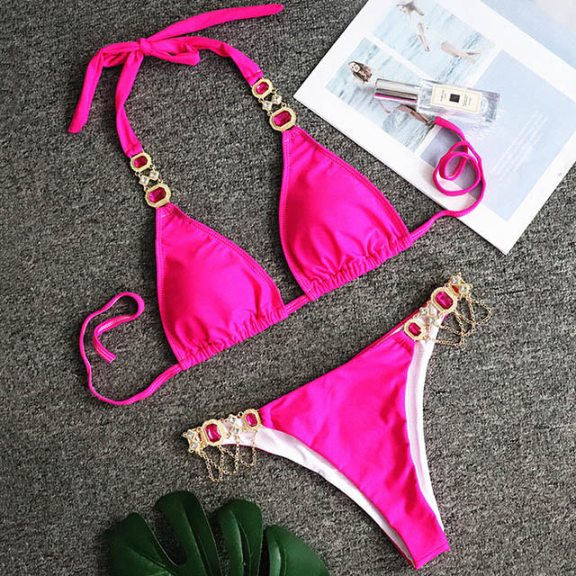 Sexy Crystal Diamond Bikini 2023 Bandeau Swimsuit Women Rhinestone Swimwear Female Two piece Bikini set Halter Bathing Suit