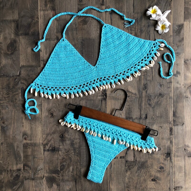 Crochet Bikini Set Shell Tassels Bikini Brazilian Crochet Swimsuit Women Halter Swimwear Strappy Bikinis Free Shipping  2019 New
