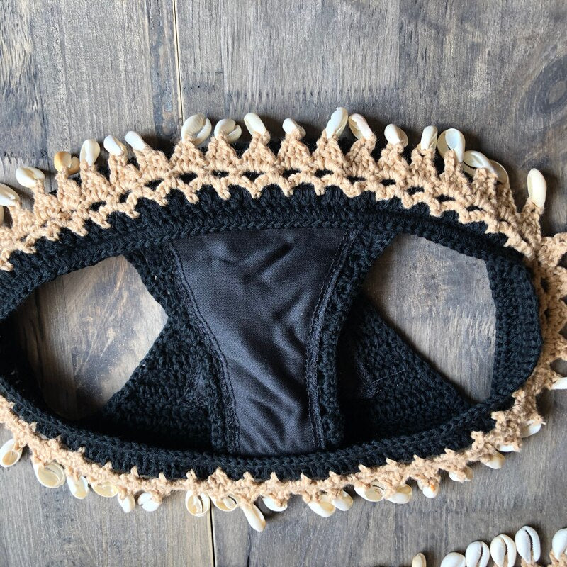 Crochet Bikini Set Shell Tassels Bikini Brazilian Crochet Swimsuit Women Halter Swimwear Strappy Bikinis Free Shipping  2019 New