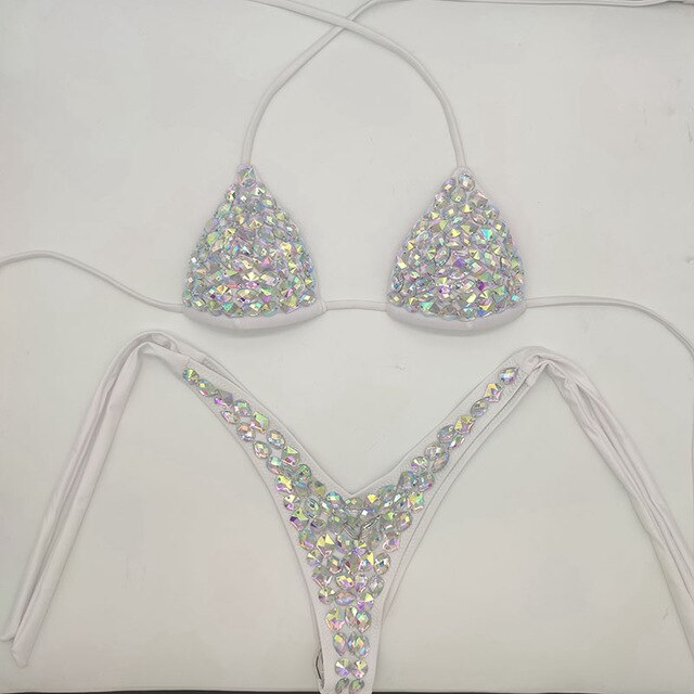 Fashion Diamond Bikini Set Rhinestone Swimwear Crystal Bathing Suit Sexy Women Biquini Bling Stones Sexy Halter Crystal Swimsuit