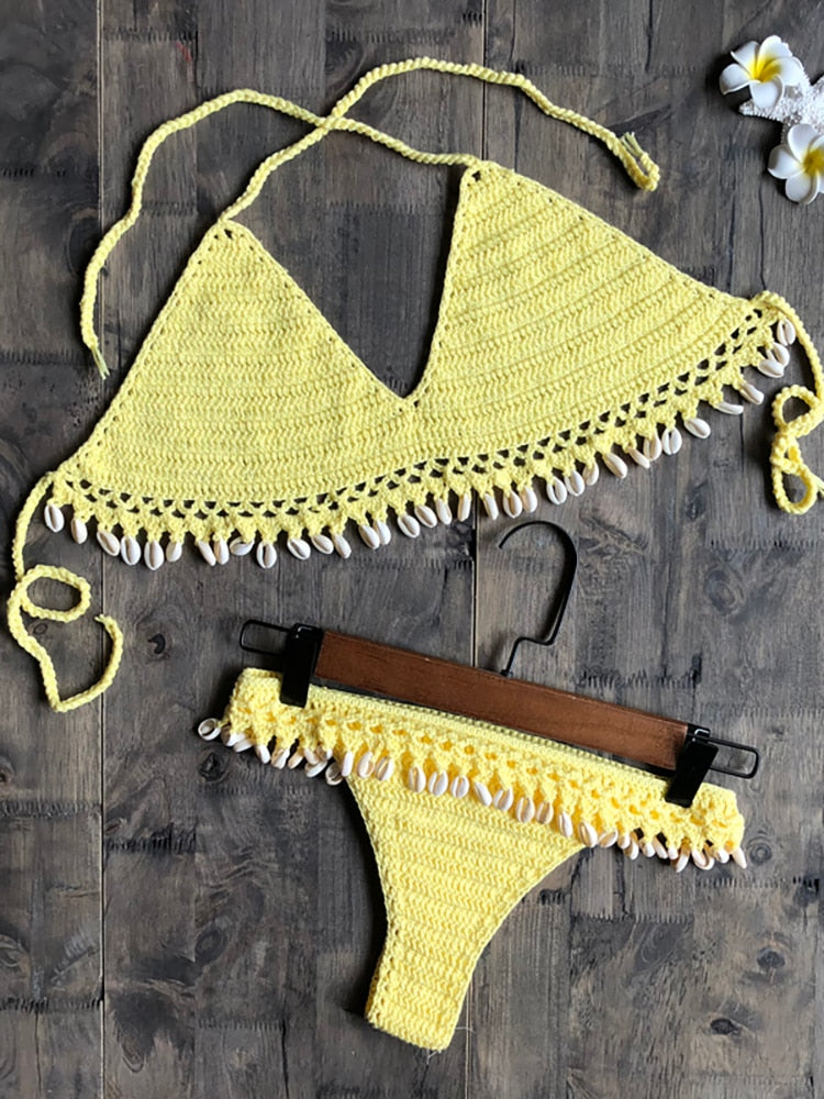 Crochet Bikini Set Shell Tassels Bikini Brazilian Crochet Swimsuit Women Halter Swimwear Strappy Bikinis Free Shipping  2019 New