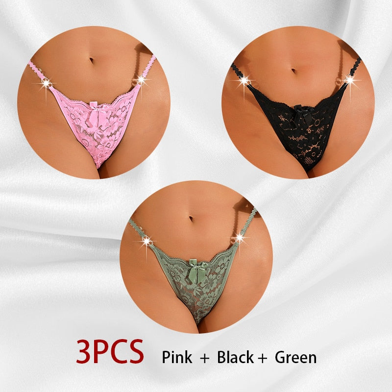 3PCS/Set Women Sexy Lace Panties Perspective Underwear Low Waist Thin Strap Rhinestone Thong G-string Breathable Soft Lingerie