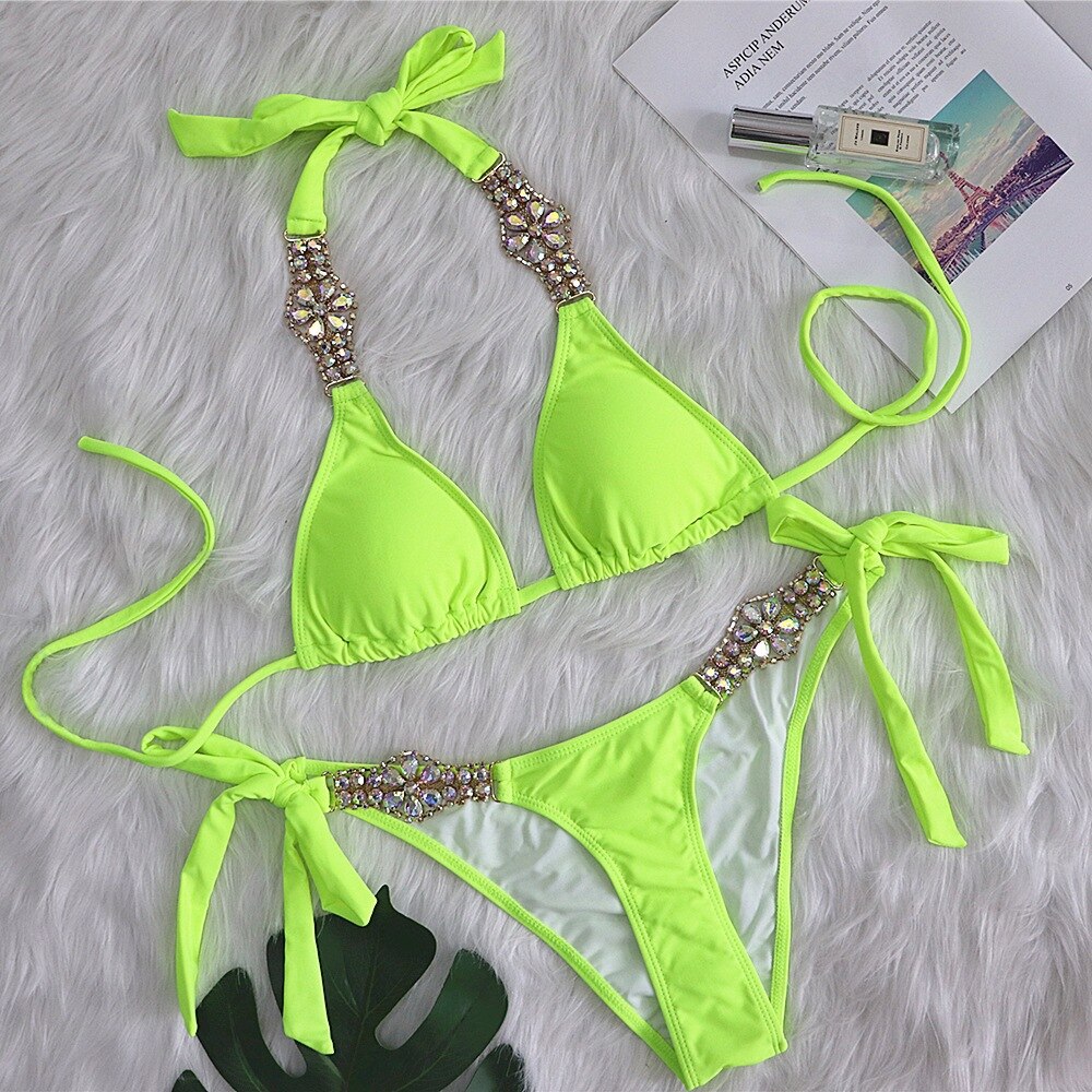 European and American Sexy Luxury Crystal Diamond Bikini Set Plain Female Split Strap Swimsuit Metal Accessories Swimwear