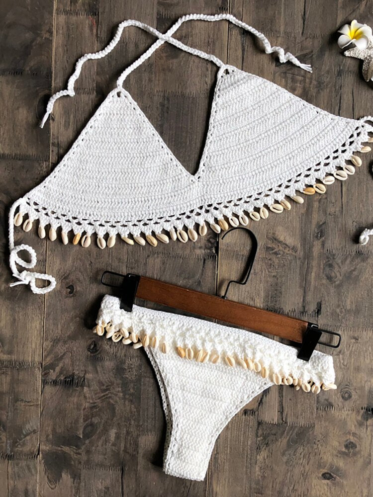 Crochet Bikini Set Shell Tassels Bikini Brazilian Crochet Swimsuit Women Halter Swimwear Strappy Bikinis Free Shipping  2019 New