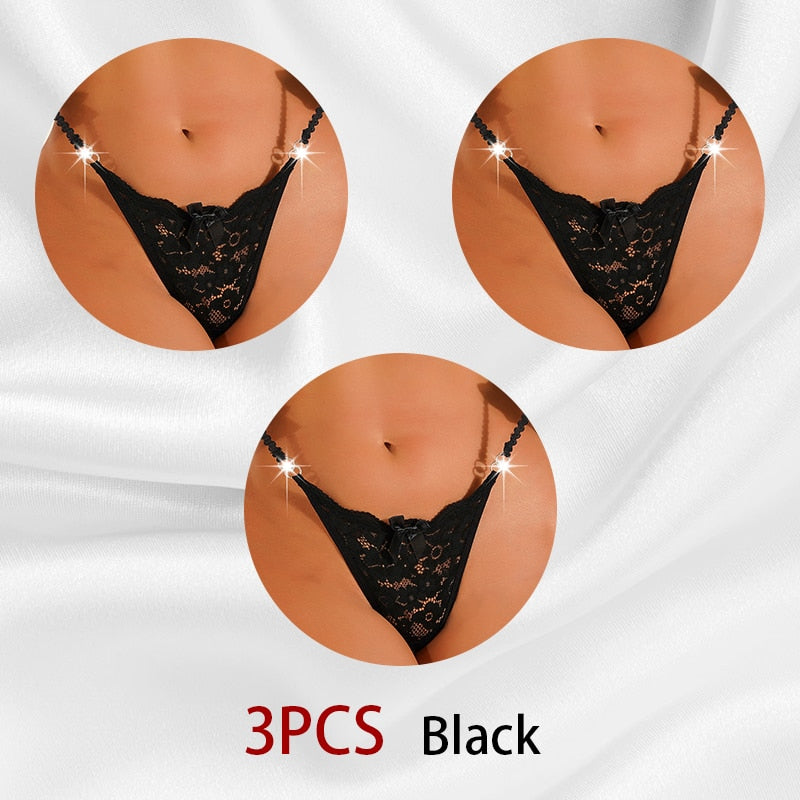 3PCS/Set Women Sexy Lace Panties Perspective Underwear Low Waist Thin Strap Rhinestone Thong G-string Breathable Soft Lingerie