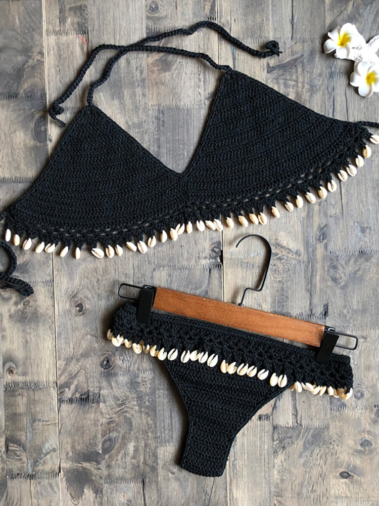Crochet Bikini Set Shell Tassels Bikini Brazilian Crochet Swimsuit Women Halter Swimwear Strappy Bikinis Free Shipping  2019 New