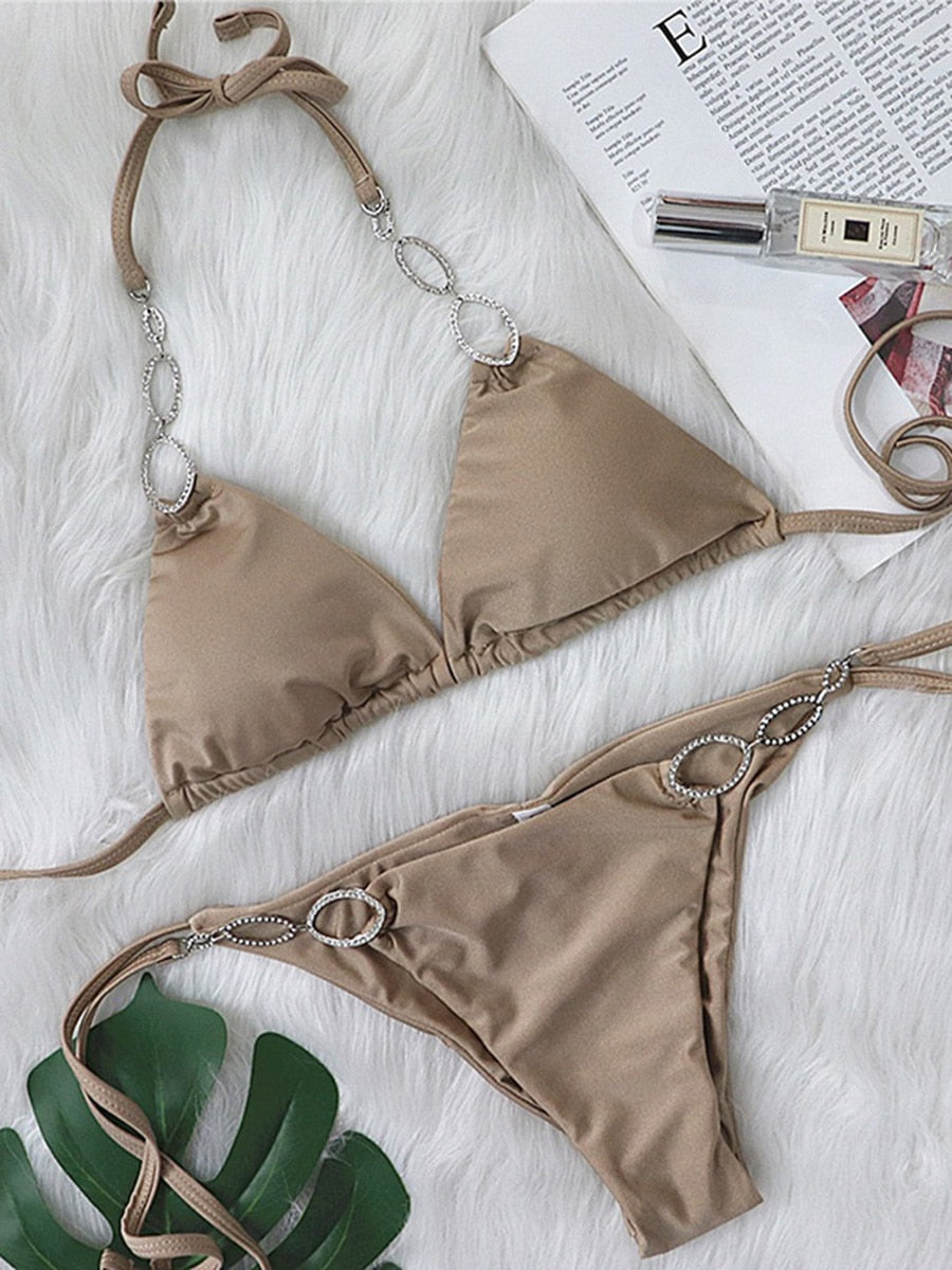 Sexy Halter Crystal Diamond Bikini Women Swimsuit Female Swimwear Two Pieces Bikini set Brazilian Metal Rings Bathing Suit Swim