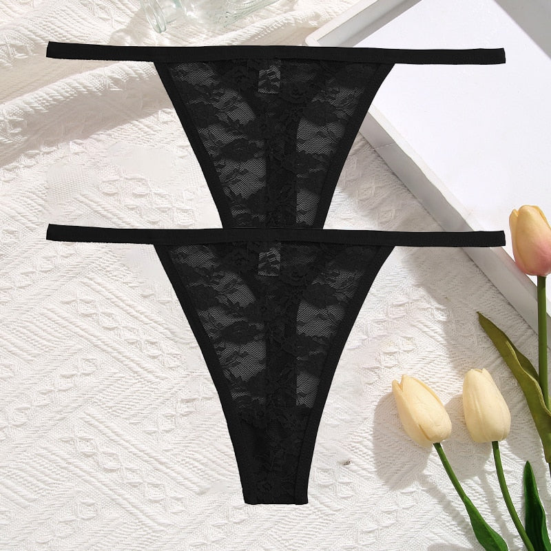 2Pcs/Set Sexy Women Lace Panties Low Waist G-String Underwear Solid Hollow Out Transparent Thong Female Soft Breathable Lingerie