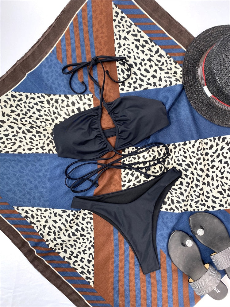 GNIM Sexy Drawstring Bandage Bikini Set 2021 Swimwear Women 2 Pieces Set Solid Swimsuit Female Halter Beach Wear Bathing Suit