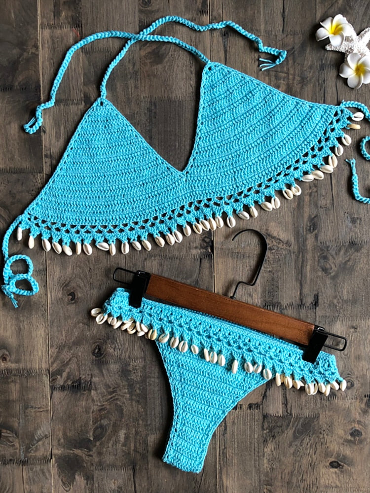 Crochet Bikini Set Shell Tassels Bikini Brazilian Crochet Swimsuit Women Halter Swimwear Strappy Bikinis Free Shipping  2019 New