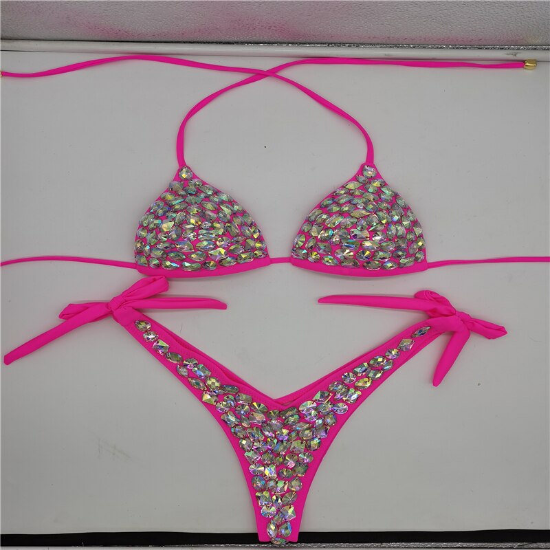 Fashion Diamond Bikini Set Rhinestone Swimwear Crystal Bathing Suit Sexy Women Biquini Bling Stones Sexy Halter Crystal Swimsuit