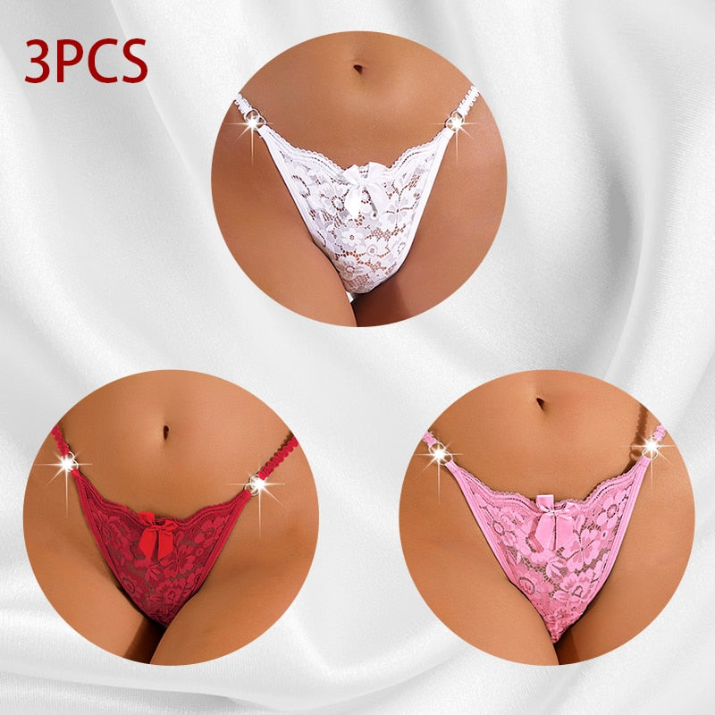 3PCS/Set Women Sexy Lace Panties Perspective Underwear Low Waist Thin Strap Rhinestone Thong G-string Breathable Soft Lingerie