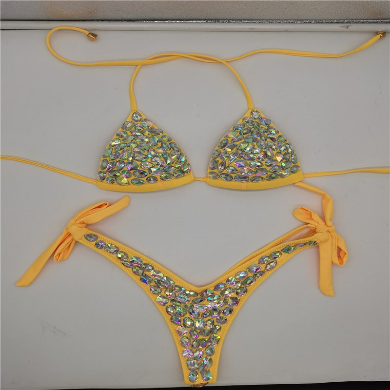 Fashion Diamond Bikini Set Rhinestone Swimwear Crystal Bathing Suit Sexy Women Biquini Bling Stones Sexy Halter Crystal Swimsuit