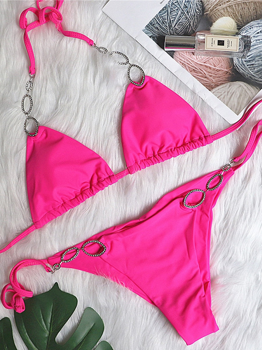 Sexy Halter Crystal Diamond Bikini Women Swimsuit Female Swimwear Two Pieces Bikini set Brazilian Metal Rings Bathing Suit Swim
