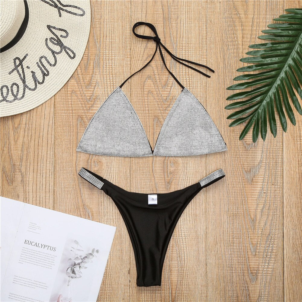 Summer Crystal Diamond Sexy Bikini Set Women&#39;s Luxury Rhinestone Silver Swimsuit Sling Push Bandage Swimsuit Beach Bikini Set