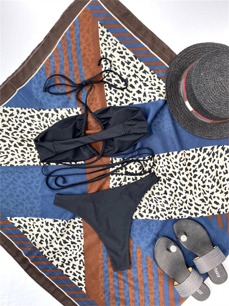 GNIM Sexy Drawstring Bandage Bikini Set 2021 Swimwear Women 2 Pieces Set Solid Swimsuit Female Halter Beach Wear Bathing Suit