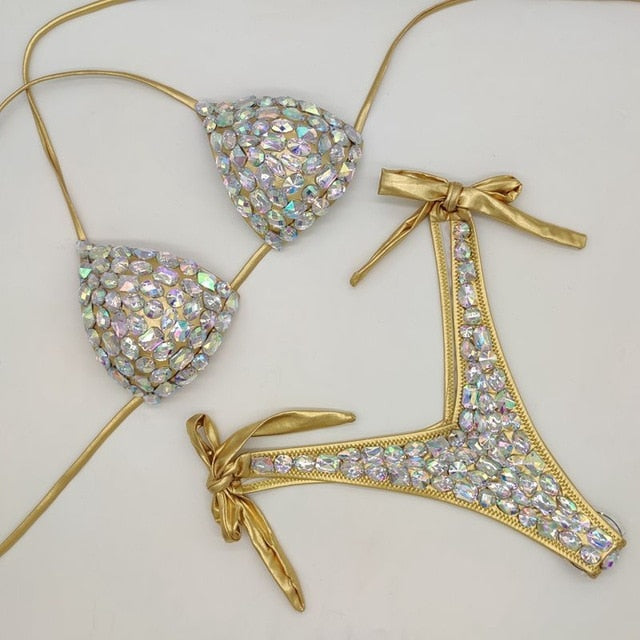 Fashion Diamond Bikini Set Rhinestone Swimwear Crystal Bathing Suit Sexy Women Biquini Bling Stones Sexy Halter Crystal Swimsuit