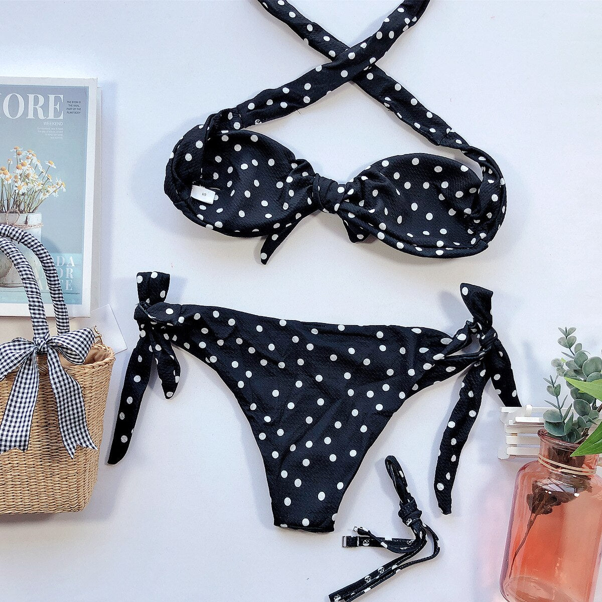 Beach Bikini 2023 Woman Sexy Front Lace Up Tie Strapless Leopard Swimsuit Female Push Up Ruffled Bow Bathing Suit Thong Swimwear