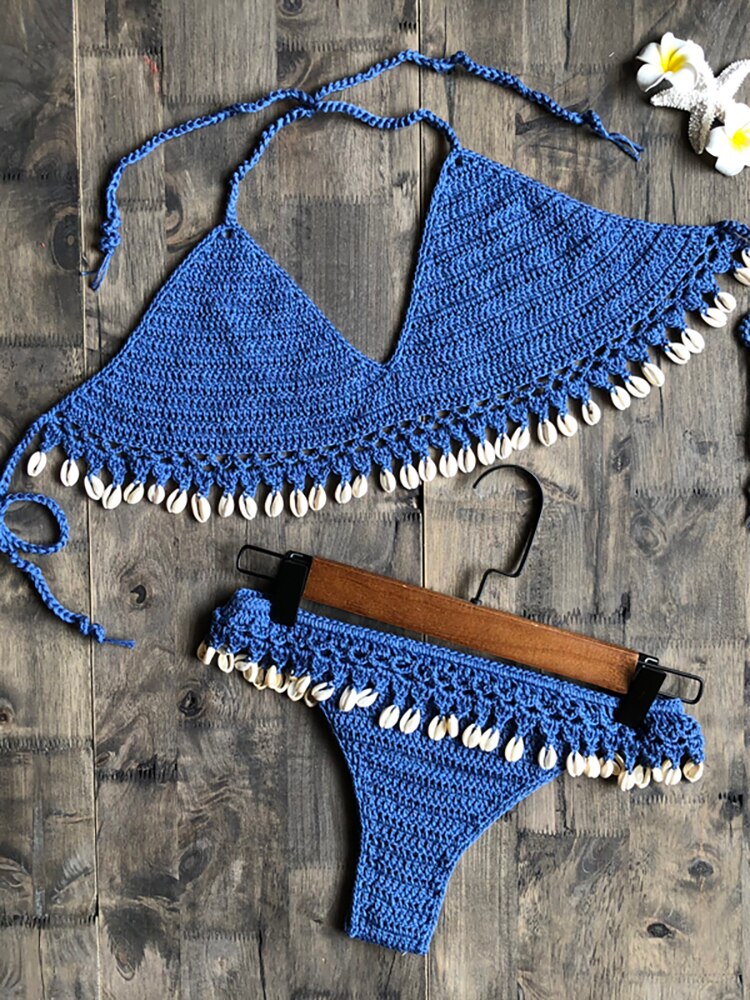 Crochet Bikini Set Shell Tassels Bikini Brazilian Crochet Swimsuit Women Halter Swimwear Strappy Bikinis Free Shipping  2019 New