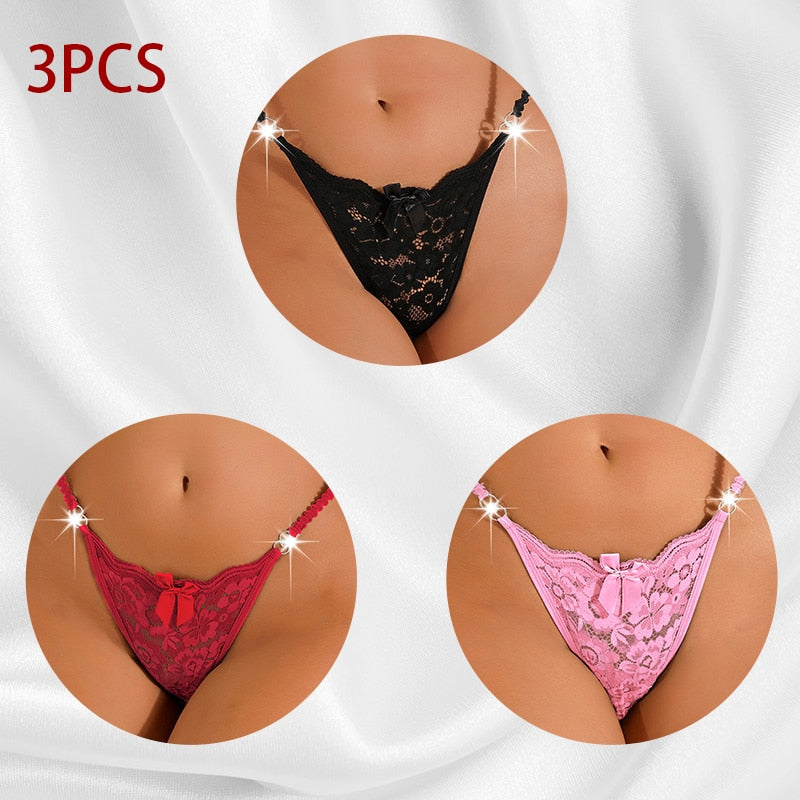 3PCS/Set Women Sexy Lace Panties Perspective Underwear Low Waist Thin Strap Rhinestone Thong G-string Breathable Soft Lingerie