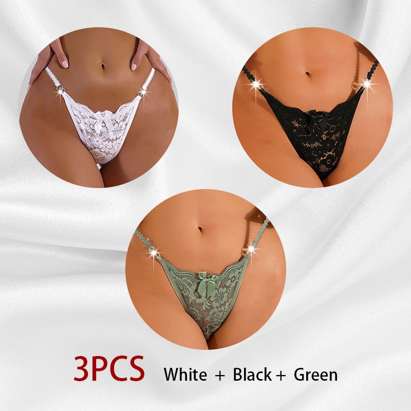 3PCS/Set Women Sexy Lace Panties Perspective Underwear Low Waist Thin Strap Rhinestone Thong G-string Breathable Soft Lingerie