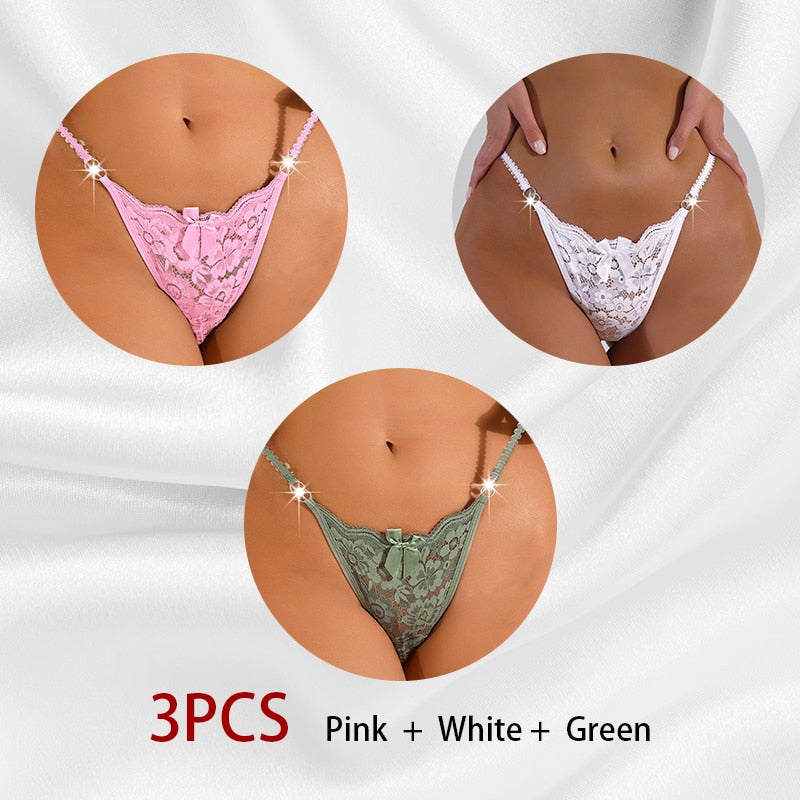 3PCS/Set Women Sexy Lace Panties Perspective Underwear Low Waist Thin Strap Rhinestone Thong G-string Breathable Soft Lingerie