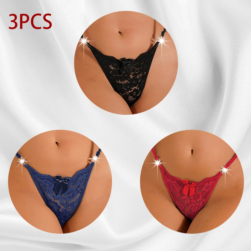 3PCS/Set Women Sexy Lace Panties Perspective Underwear Low Waist Thin Strap Rhinestone Thong G-string Breathable Soft Lingerie