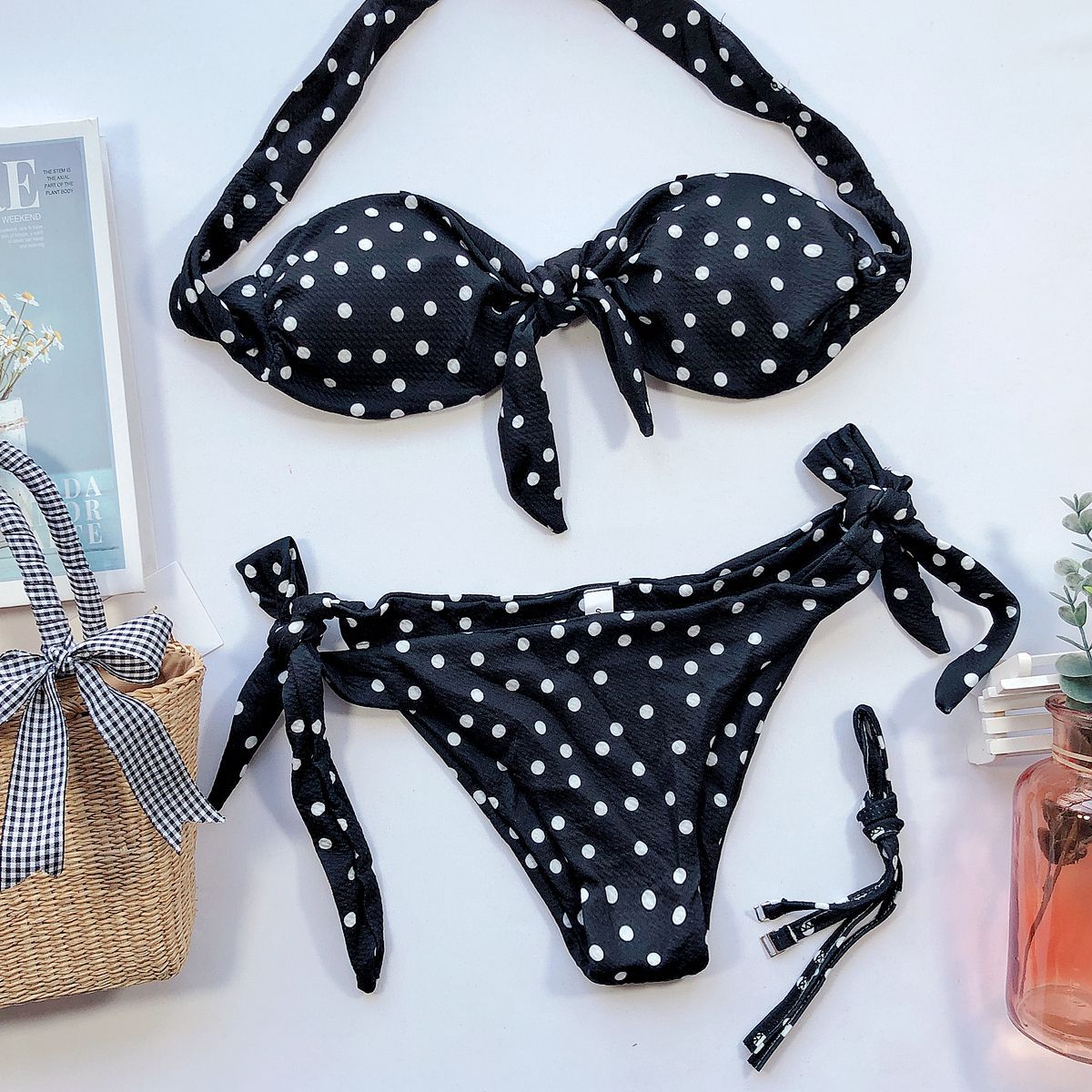 Beach Bikini 2023 Woman Sexy Front Lace Up Tie Strapless Leopard Swimsuit Female Push Up Ruffled Bow Bathing Suit Thong Swimwear
