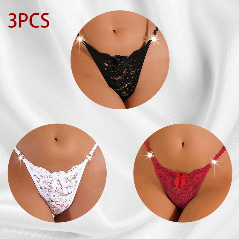 3PCS/Set Women Sexy Lace Panties Perspective Underwear Low Waist Thin Strap Rhinestone Thong G-string Breathable Soft Lingerie