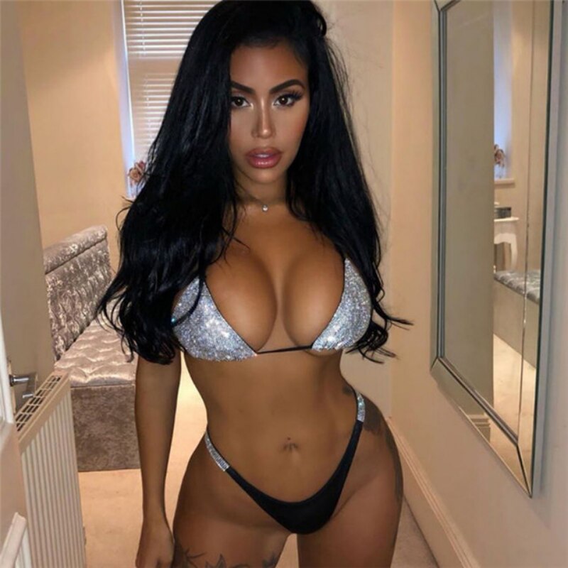 Summer Crystal Diamond Sexy Bikini Set Women's Luxury Rhinestone Silver Swimsuit Sling Push Bandage Swimsuit Beach Bikini Set
