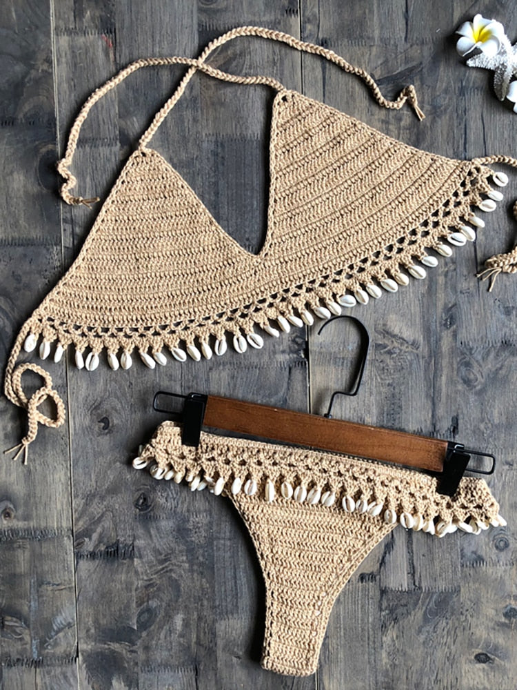 Crochet Bikini Set Shell Tassels Bikini Brazilian Crochet Swimsuit Women Halter Swimwear Strappy Bikinis Free Shipping  2019 New