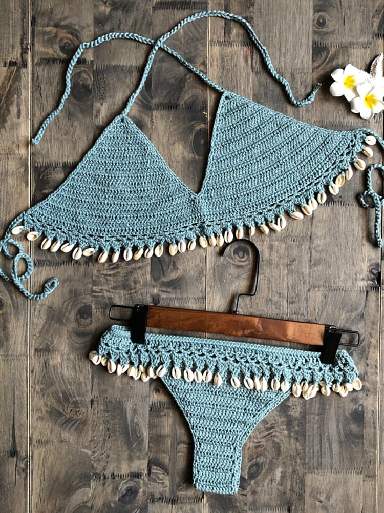 Crochet Bikini Set Shell Tassels Bikini Brazilian Crochet Swimsuit Women Halter Swimwear Strappy Bikinis Free Shipping  2019 New