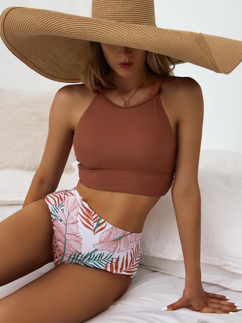 High Neck Leaf Print High Waist Bikini Set