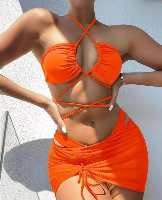 2022 New 3 Pieces Set Swimsuit Women High Waist Swimwear Sexy Lace Up Micro Bikini Set With Skirt Solid Beachwear Bathing Suit