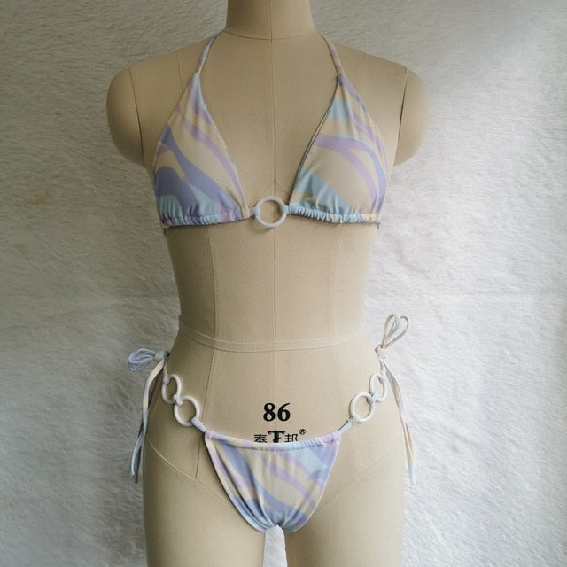 Hollow Out Cross String Thong Bikini Set