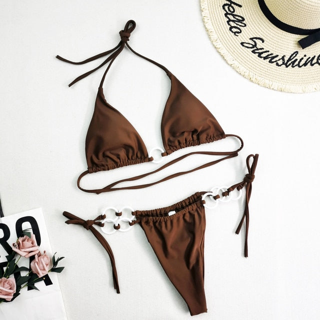 Hollow Out Cross String Thong Bikini Set