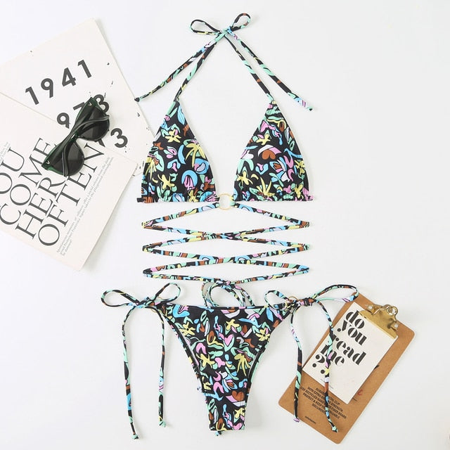 Hollow Out Cross String Thong Bikini Set