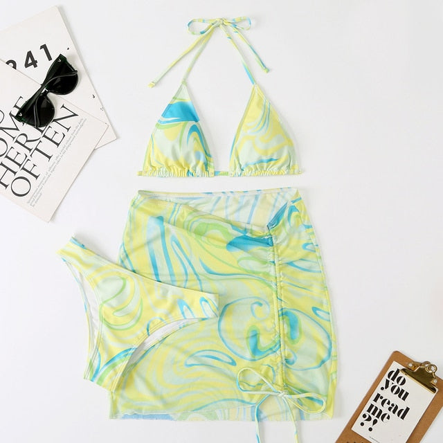 Tie Dye 3-Piece Thong Bikini Set with Skirt