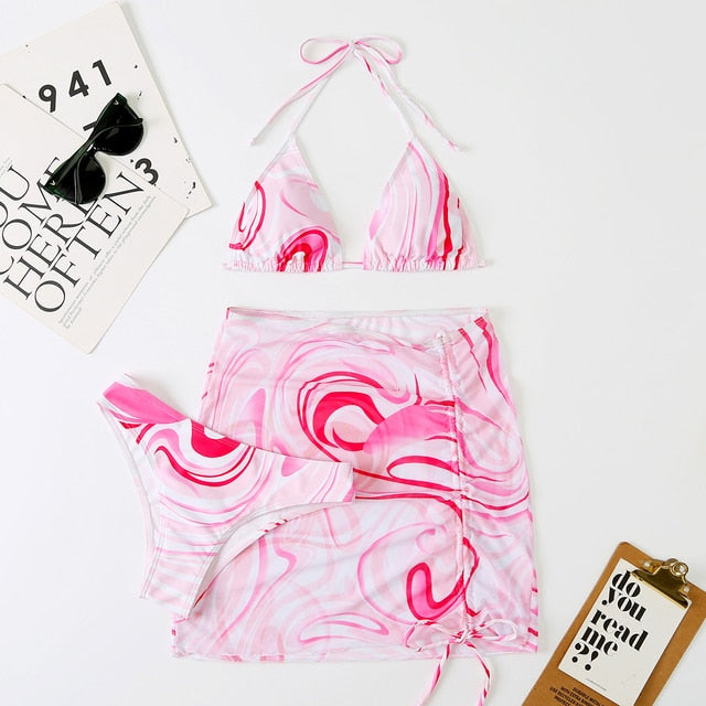 Tie Dye 3-Piece Thong Bikini Set with Skirt
