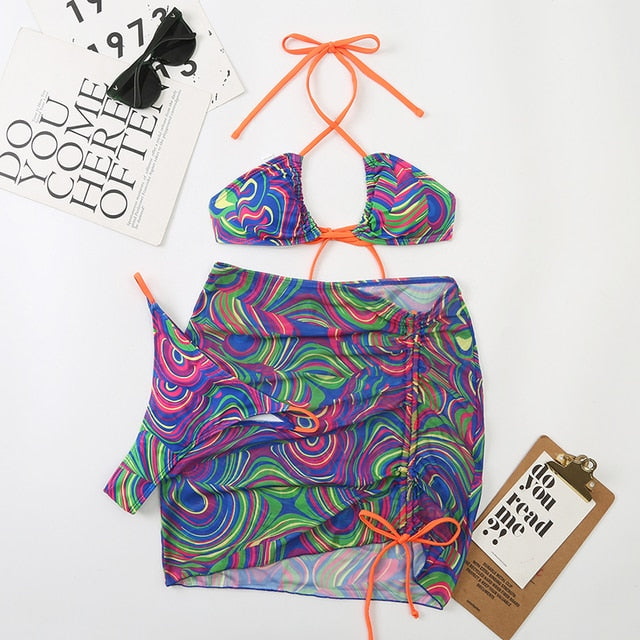 Tie Dye 3-Piece Thong Bikini Set with Skirt
