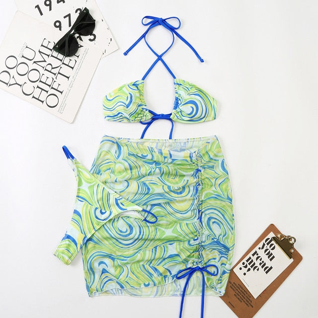 Tie Dye 3-Piece Thong Bikini Set with Skirt