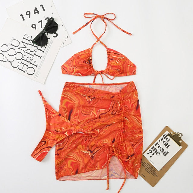 Tie Dye 3-Piece Thong Bikini Set with Skirt