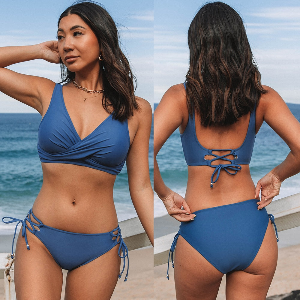 Yellow Lemon Print Lace Up Mid-Waist Bikini Set