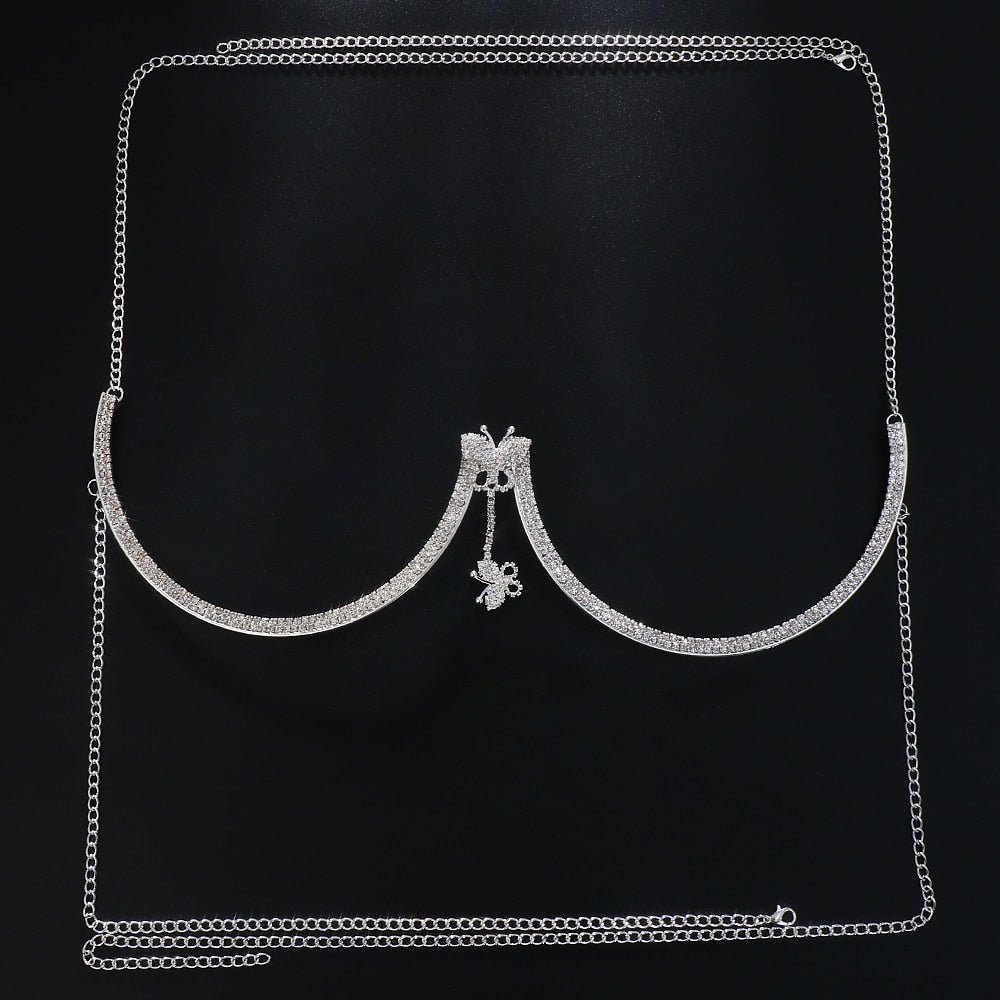 Rhinestone Heart Double Pendant Chest Body Chain