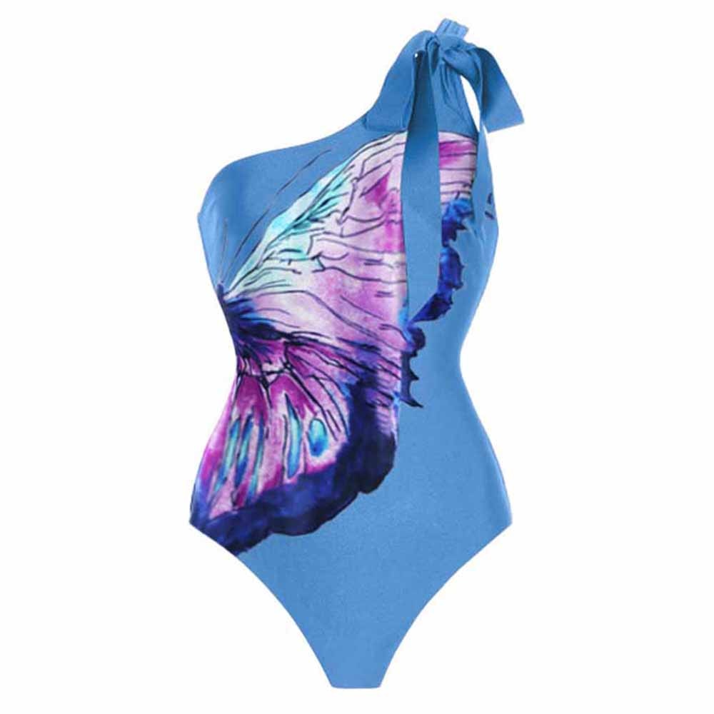 Solid Color Butterfly Print Swimsuit One-Shoulder Lace-Up One Piece Bikini Slim High Waist Swimsuit Suit Fashion 2022 for Women