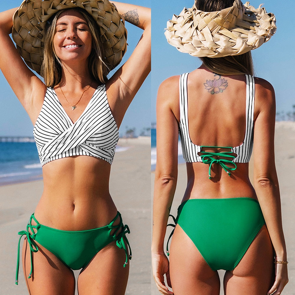 Yellow Lemon Print Lace Up Mid-Waist Bikini Set