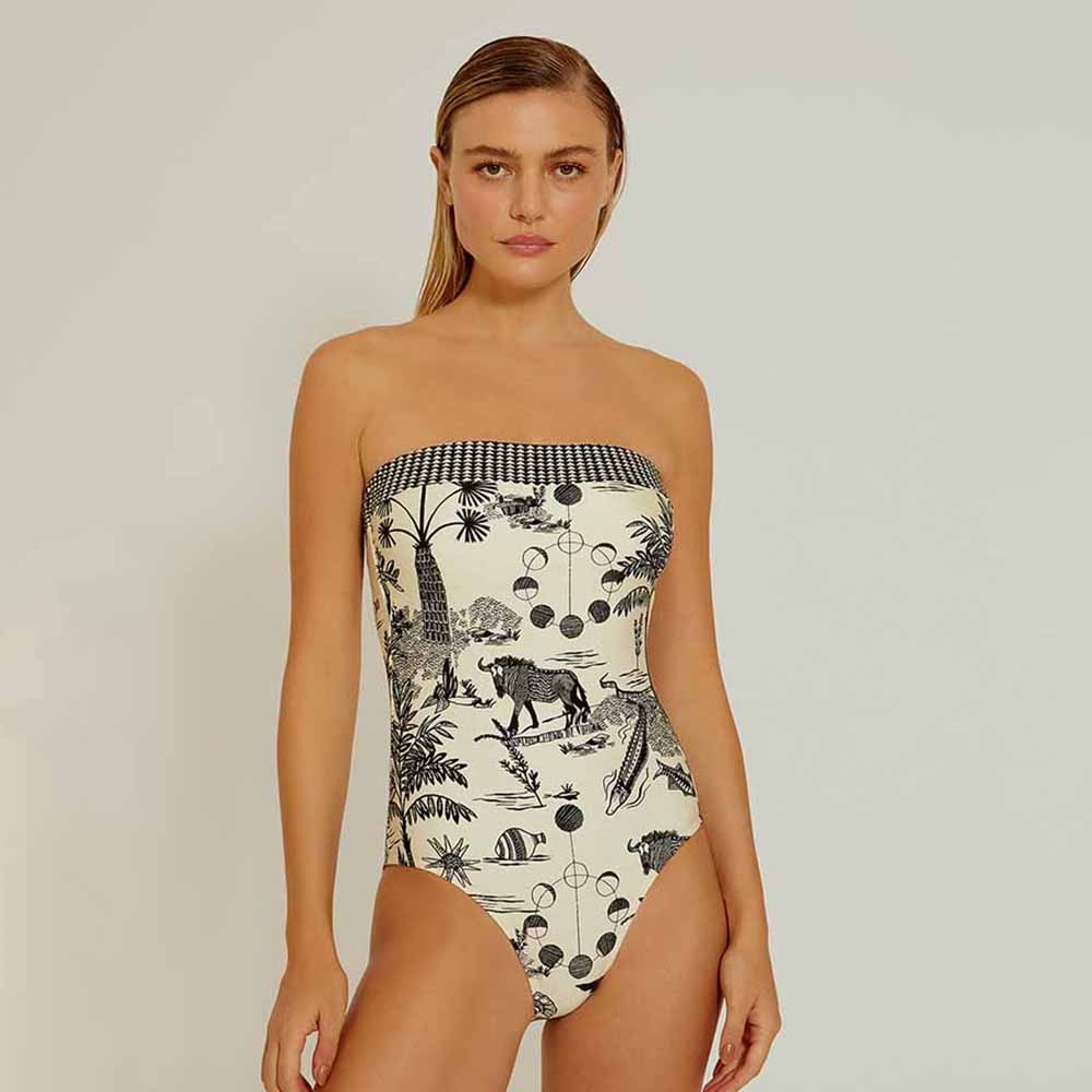 Black Print Swimsuit High Waist Tube Top One Piece Bikini Sexy Slim Elegant Beachwear Retro Fashion 2022 Ladies