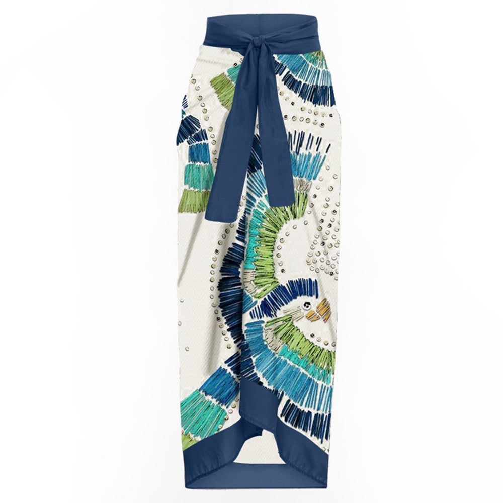 Green Print Deep V Bikini Set & Cover Up